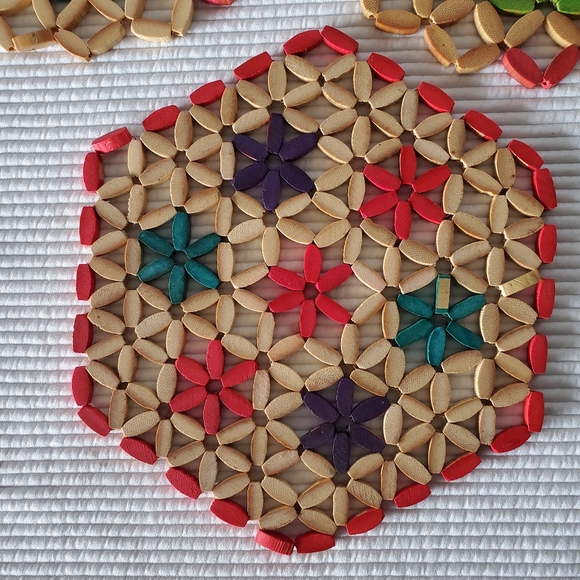 3 Vintage Wood Trivets Hot Plate Boho Multi Colour Wall Art Round Hexagon - Picture 2 of 8